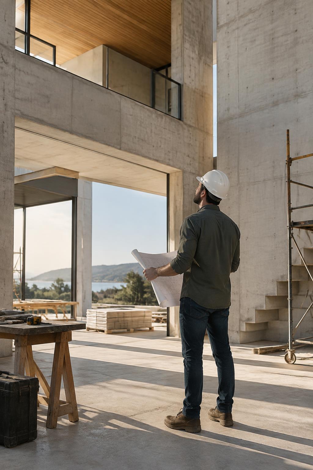 Profissional da construção analisando projeto em obra